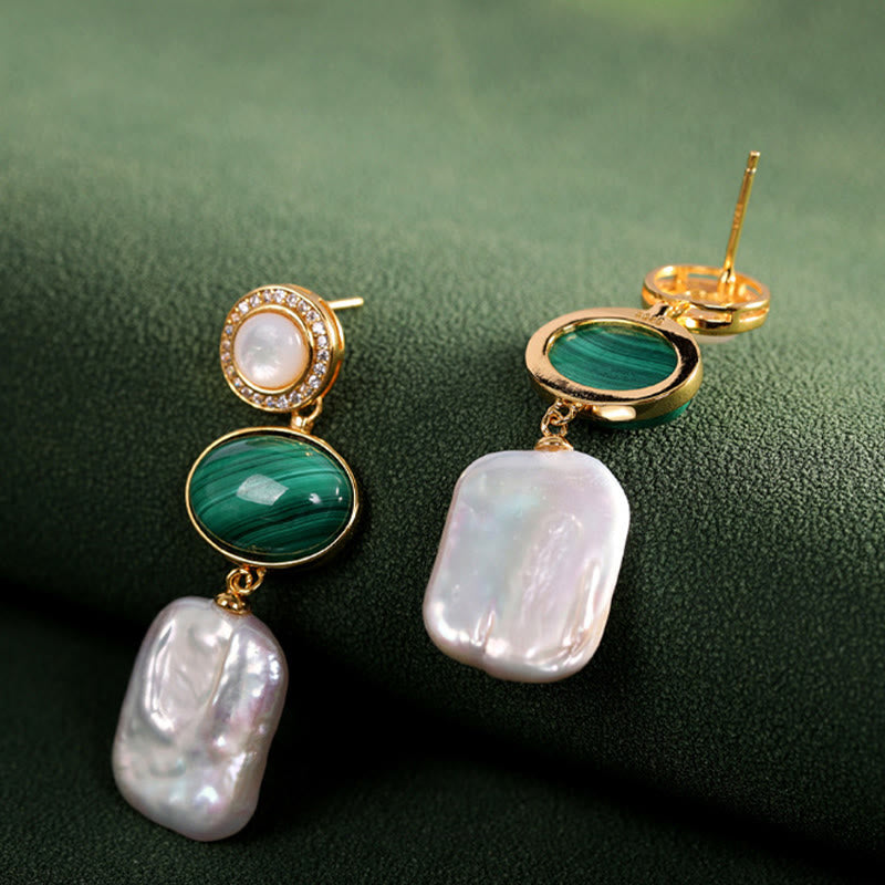KarmaRipple's 925 Sterling Silver Authentic Baroque Pearl Malachite Balancing Wisdom Drop Earrings p3