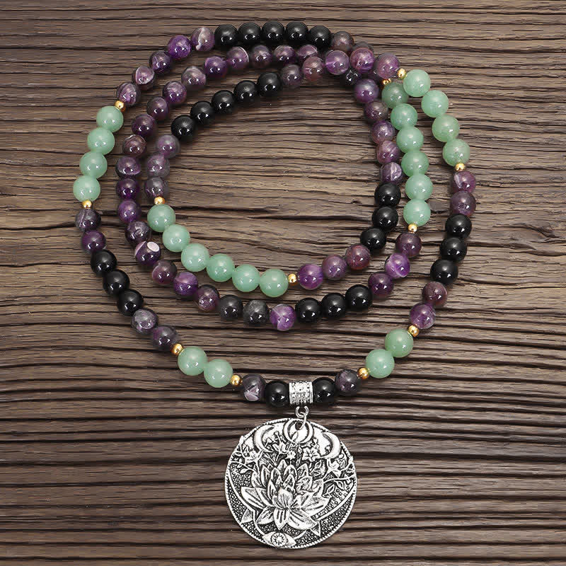 KarmaRipple's 108 Mala Beadwork Amethyst Green Aventurine Lotus Meditation Bracelet p1