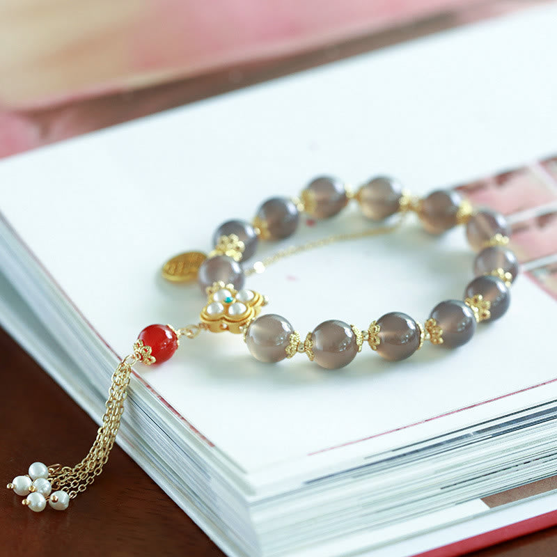 KarmaRipple's Authentic Gray Agate Fu Character Pearl Tassel Balance Bracelet p5