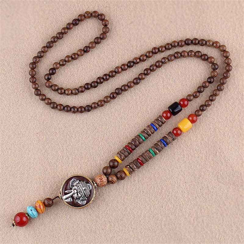 KarmaRipple's Tibetan Wenge Wood Bodhi Seed Agate Elephant Protection Pendant Necklace p25