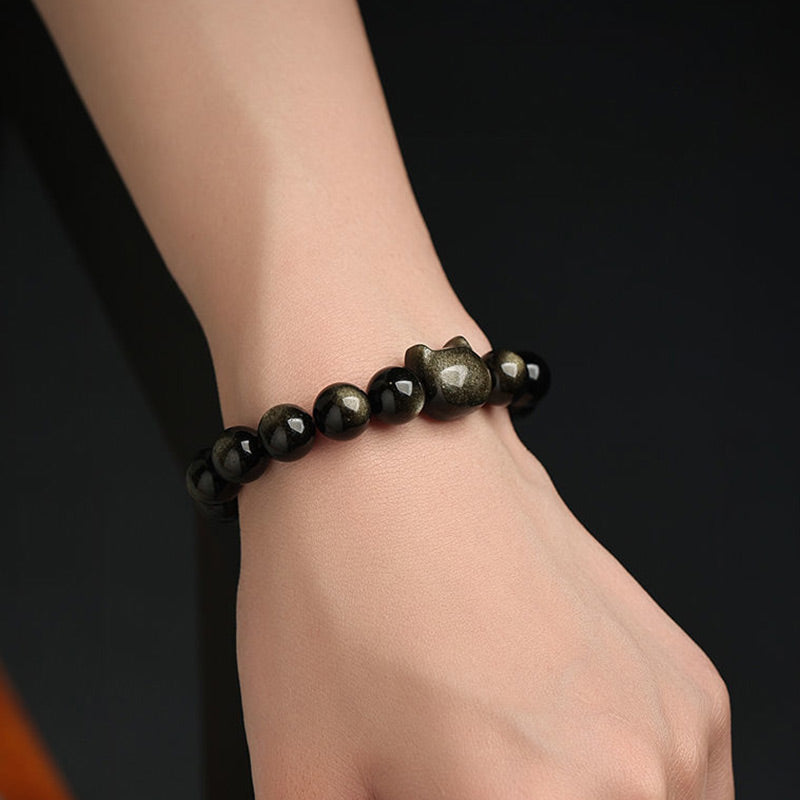 KarmaRipple's Gold Sheen Obsidian Silver Sheen Obsidian Lovely Paw Fortunate Cat Protection Bracelet p20