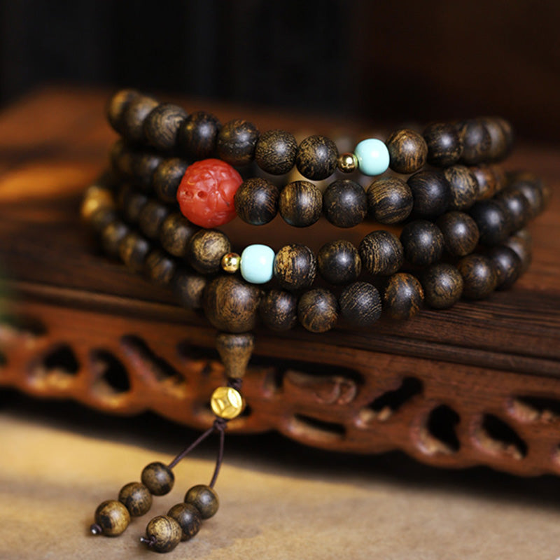KarmaRipple's 108 Mala Beadwork Agarwood Red Agate Turquoise Peace Meditation Bracelet p16