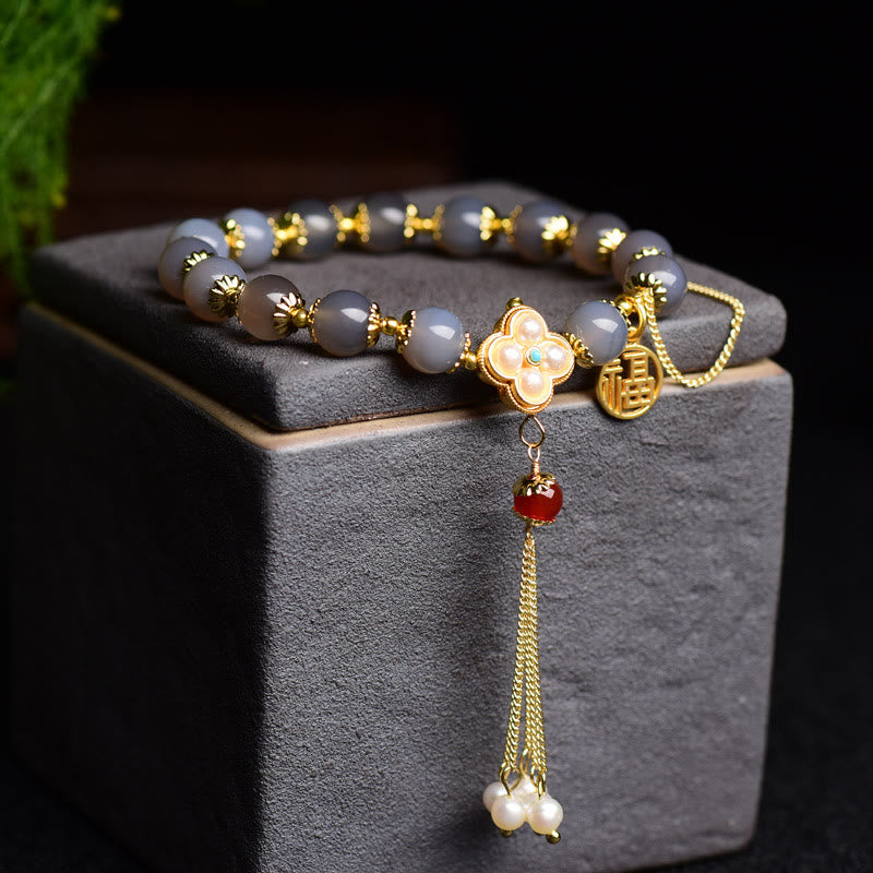 KarmaRipple's Authentic Gray Agate Fu Character Pearl Tassel Balance Bracelet p3