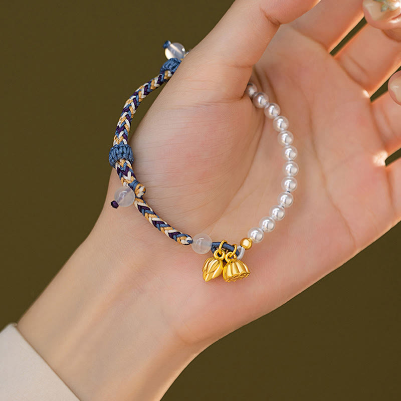 KarmaRipple's 925 Sterling Silver Lotus Pearl Colorful Rope Chalcedony Prosperity Bracelet p5