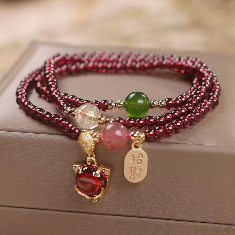 KarmaRipple's Authentic Garnet Strawberry Quartz Gemstone Fox Koi Fish Peace Buckle Fortune Protection Triple Wrap Bracelet p6