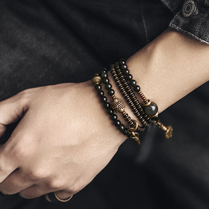 KarmaRipple's Rainbow Obsidian Ebony Wood Bronze Positive Multilayer Bracelet p14