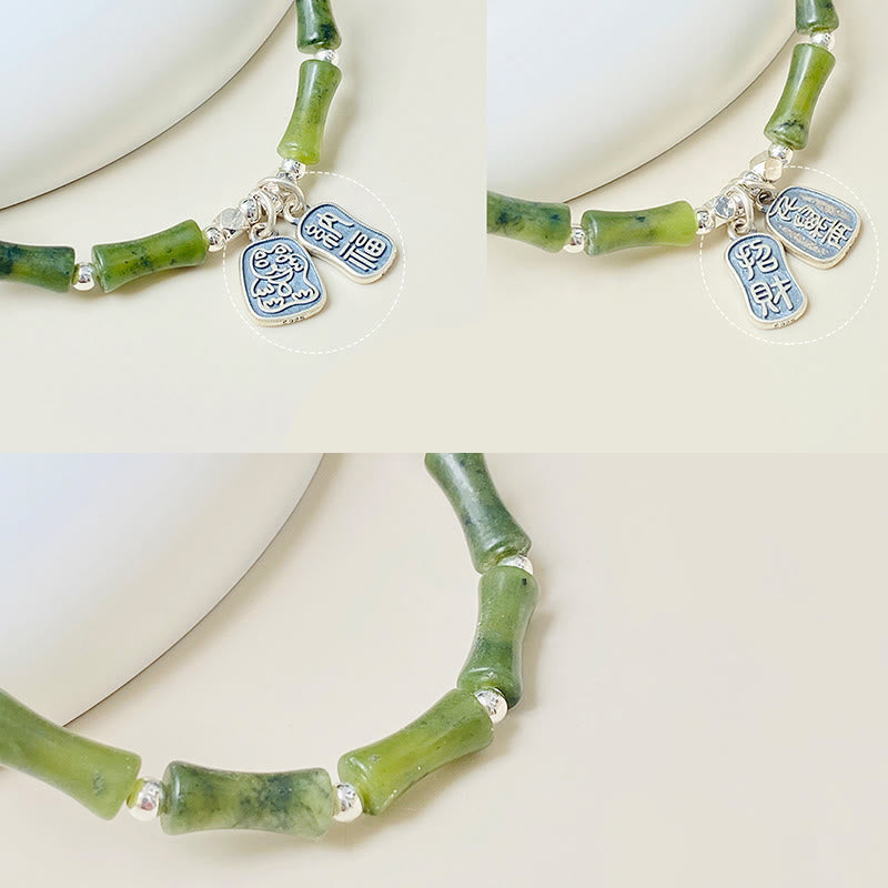 KarmaRipple's 925 Sterling Silver Bamboo Jade Fortunate Cat Fu Character Fortune Abundance Bracelet p17