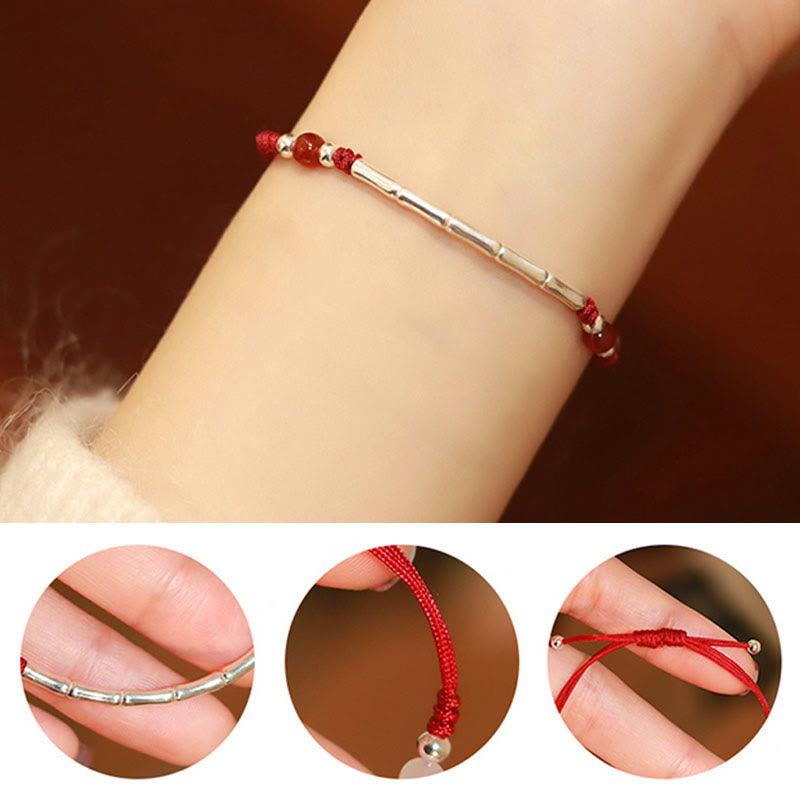KarmaRipple's 925 Sterling Silver Bamboo Ivory Agate Red Agate Bead Protection String Woven Bracelet p7
