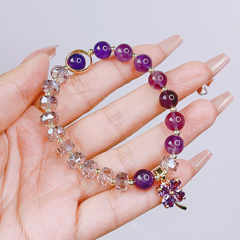 KarmaRipple's Amethyst Gemstone Four Leaf Clover Balancing Talisman Bracelet p6