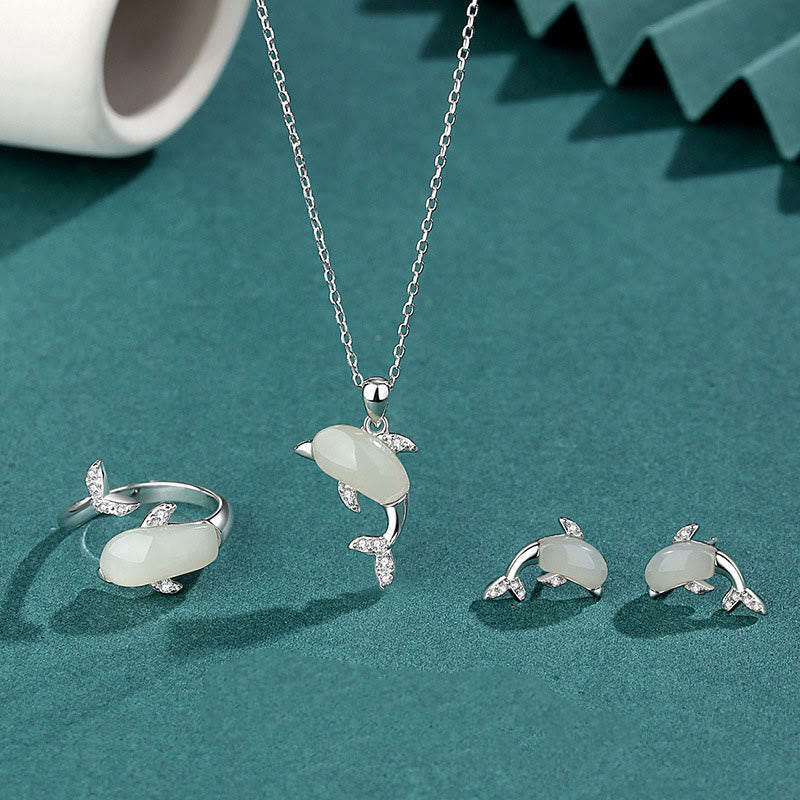 KarmaRipple's 925 Sterling Silver Cute Dolphin Hetian Jade Red Agate Fortune Pendant Necklace Ring Earrings Set p17