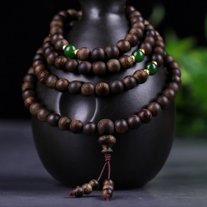 KarmaRipple's 108 Mala Beadwork Indonesia Tarakan Rare Agarwood Cyan Jade Ward Off Evil Spirits Bracelet p1