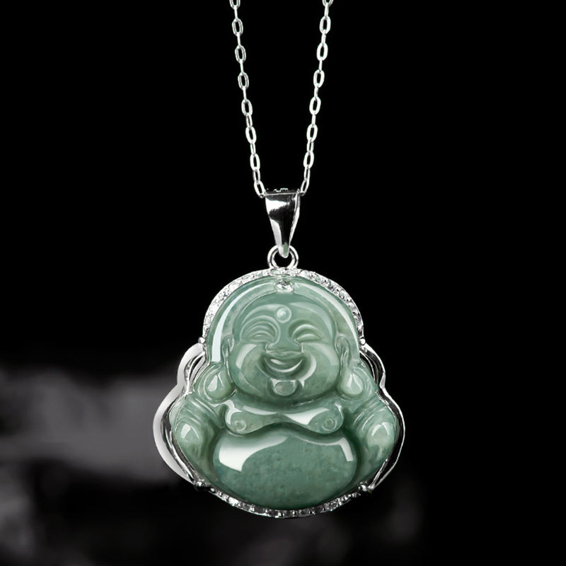 KarmaRipple's 925 Sterling Silver Laughing Buddha Jade Abundance Pendant Chain Necklace p2