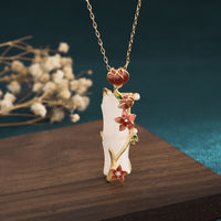 KarmaRipple's Ivory Jade Bamboo Lotus Flowers Fortune Protection Pendant Necklace