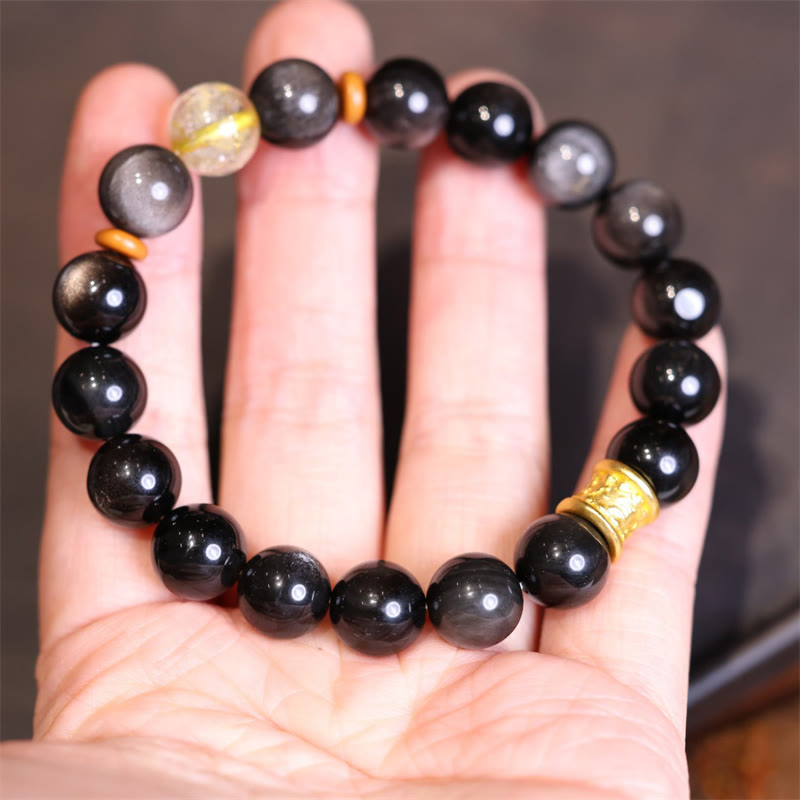KarmaRipple's Authentic Silver Sheen Obsidian Gemstone Om Mani Padme Hum Bead Protection Bracelet p6
