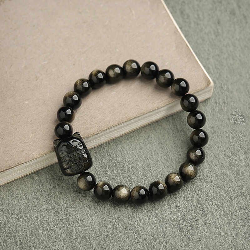 KarmaRipple's Gold Sheen Obsidian Silver Sheen Obsidian Lovely Paw Fortunate Cat Protection Bracelet p45