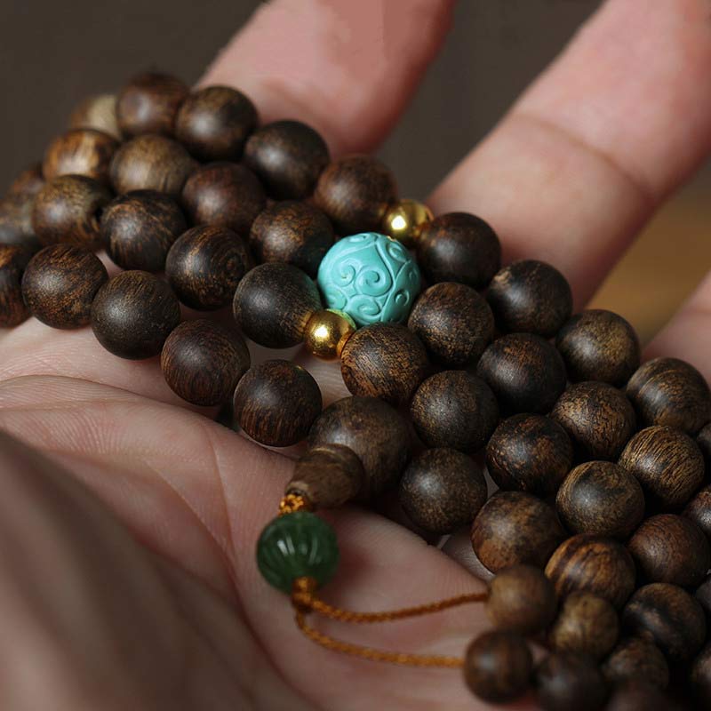 KarmaRipple's 108 Mala Beadwork Nha Trang Agarwood Turquoise Prayer Meditation Bracelet Mala p5