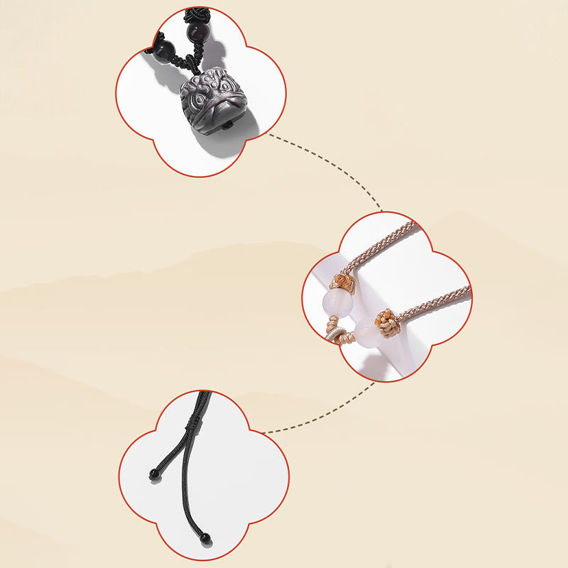 KarmaRipple's Authentic Silver Sheen Obsidian Red Agate Dancing Lion Protection Pendant Necklace p5