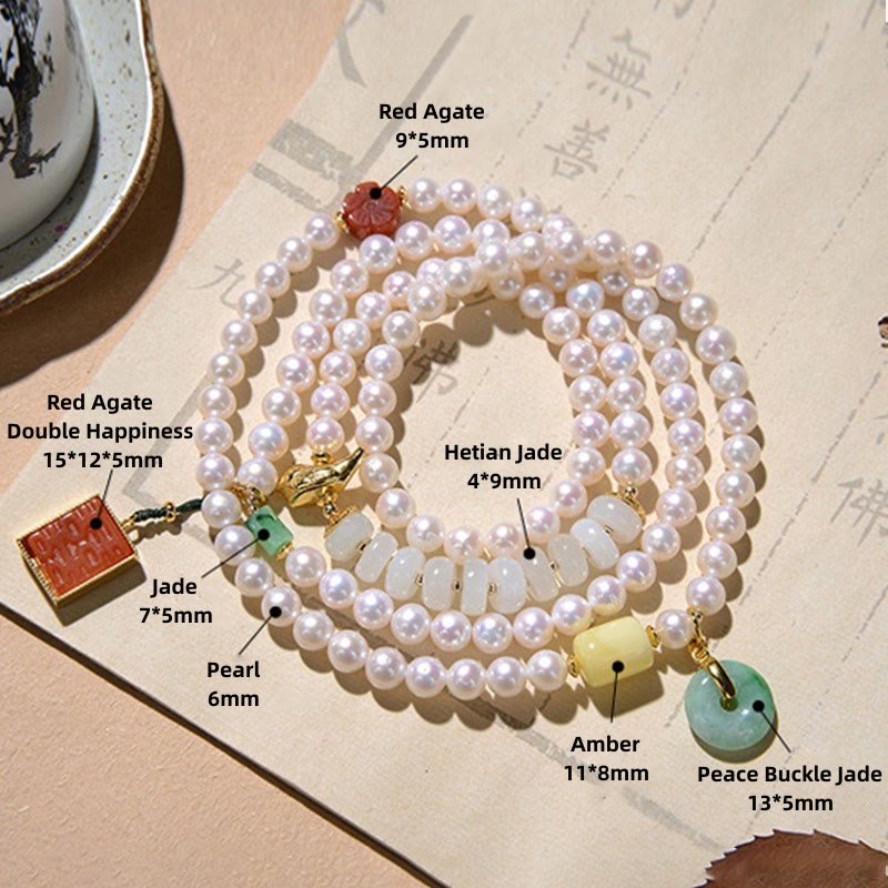 KarmaRipple's 925 Sterling Silver Pearl Hetian Jade Red Agate Double Happiness Amber Fortune Quadruple Wrap Bracelet p9