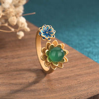 KarmaRipple's Lotus Pattern Jade Abundance Adjustable Ring