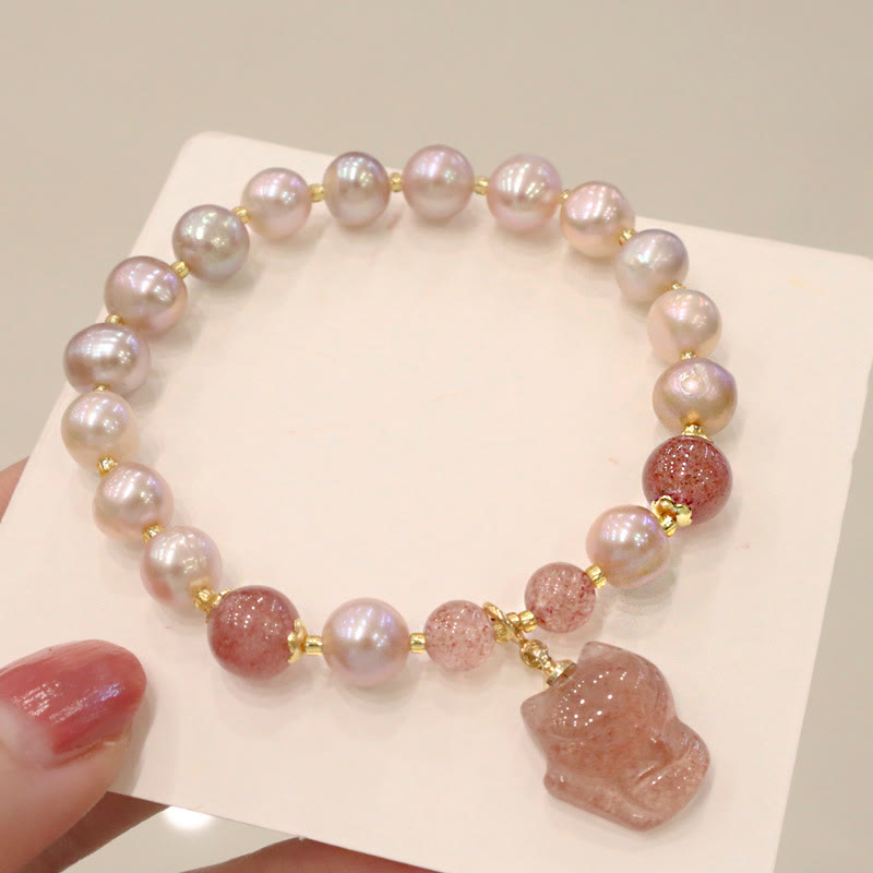 KarmaRipple's Authentic Pearl Strawberry Quartz Cute Fox Love Balancing Talisman Bracelet p2
