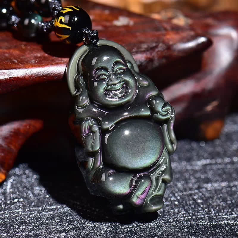 KarmaRipple's Authentic Rainbow Obsidian Laughing Buddha Inner Peace Pendant Necklace p2