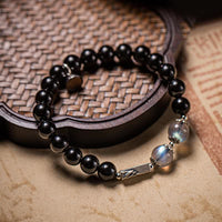KarmaRipple's 925 Sterling Silver Obsidian Moonstone Strength Pair Bracelet