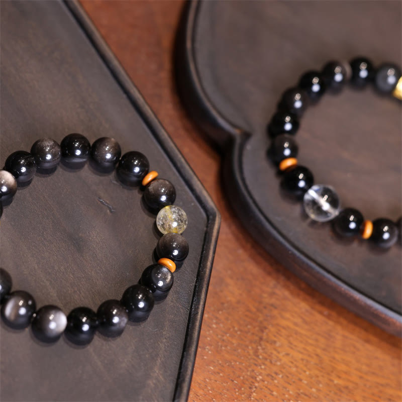 KarmaRipple's Authentic Silver Sheen Obsidian Gemstone Om Mani Padme Hum Bead Protection Bracelet p4