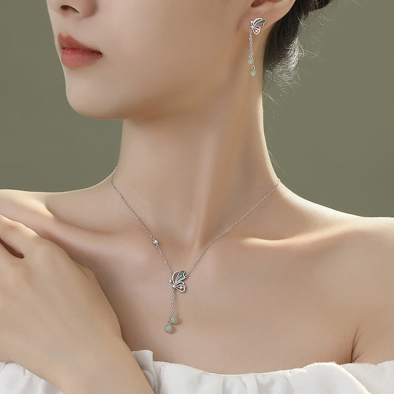 KarmaRipple's 925 Sterling Silver Authentic Green Aventurine Butterfly Fortune Pendant Necklace Earrings Set p5