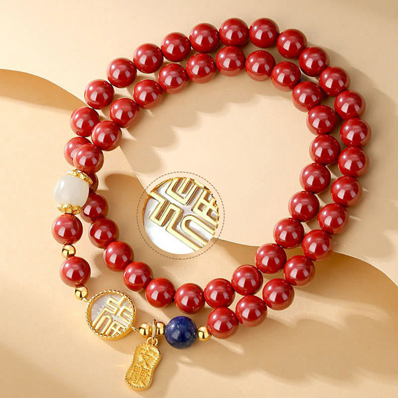 KarmaRipple's 925 Sterling Silver Cinnabar Tridacna Stone Fu Character Double Wrap Blessing Bracelet p6