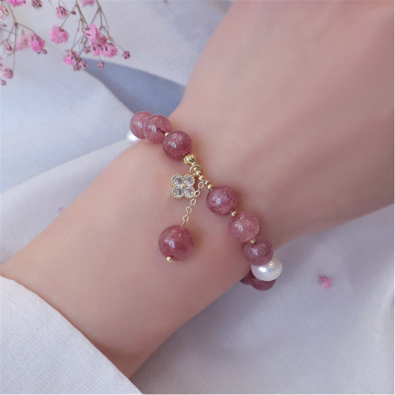 KarmaRipple's Authentic Strawberry Quartz Pearl Four Leaf Clover Love Bracelet p8