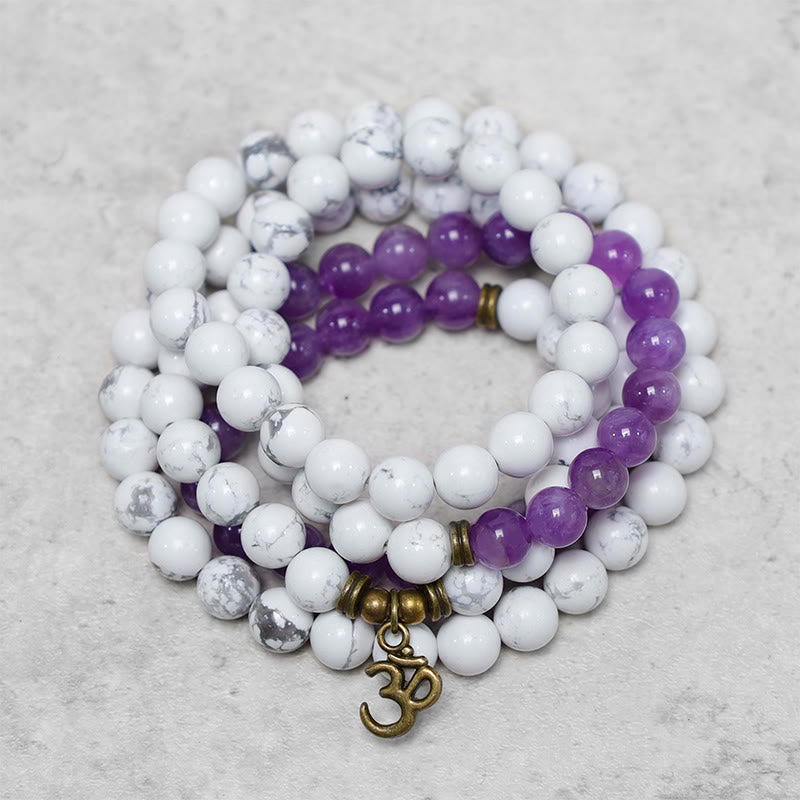 KarmaRipple's 108 Mala Beadwork Amethyst Ivory Turquoise OM Balancing Meditation Energy Bracelet p1