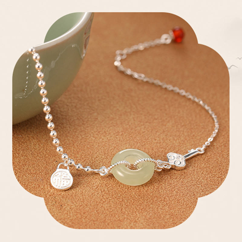 KarmaRipple's 925 Sterling Silver Hetian Jade Peace Buckle Fu Character Fortune Chain Bracelet p7
