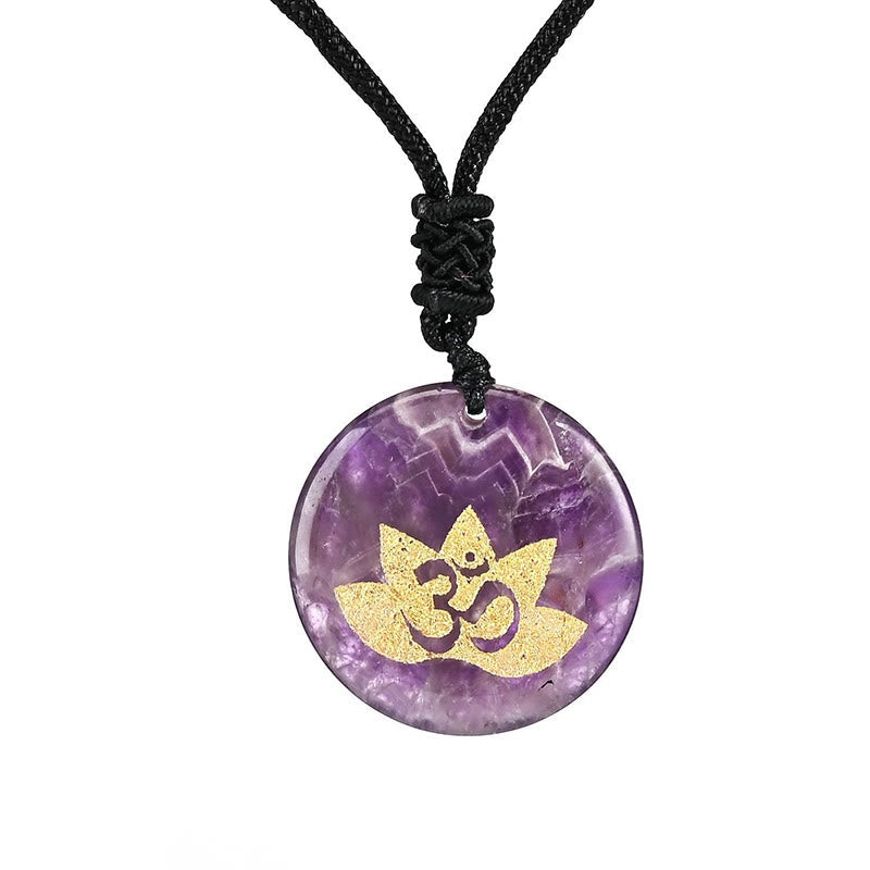 KarmaRipple's OM Lotus Symbol Various Gemstone Amethyst Tiger Eye Balancing Pendant Necklace p1