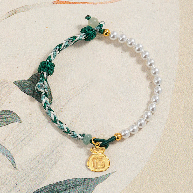 KarmaRipple's 925 Sterling Silver Fu Character Fortunate Bag Pearl Hetian Jade Wisdom Rope Bracelet p3