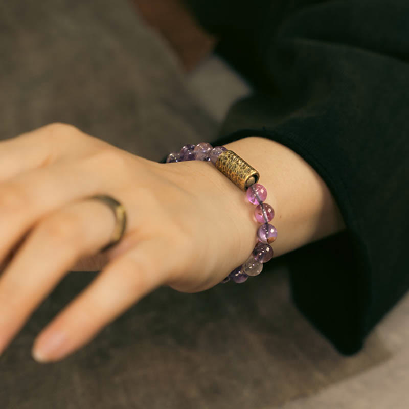 KarmaRipple's Ivory Gemstone Red Hematoid Quartz Gold Rutilated Quartz Purple Phantom Protection Bracelet p30