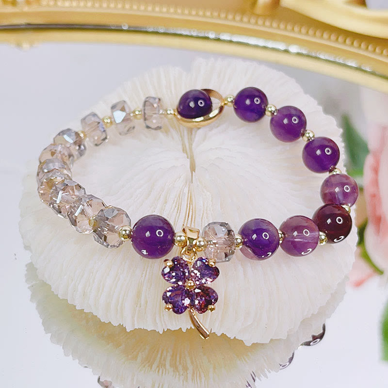 KarmaRipple's Amethyst Gemstone Four Leaf Clover Balancing Talisman Bracelet p9