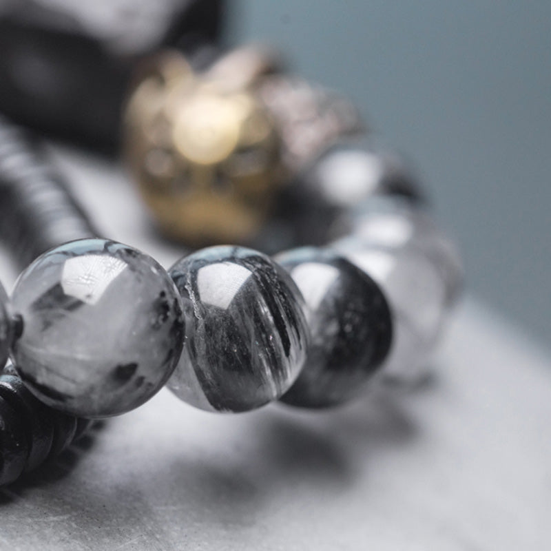 KarmaRipple's Black Rutilated Quartz Ebony Wood Bronze Wisdom Pair Bracelet p9