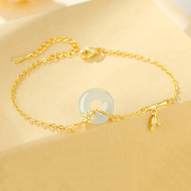 KarmaRipple's 925 Sterling Silver Hetian Jade Chalcedony Peace Buckle Bamboo Leaf Prosperity Chain Bracelet p4