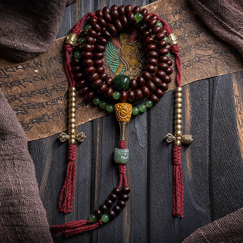 KarmaRipple's Authentic Tibet 108 Mala Beadwork Purple Bodhi Seed Hetian Cyan Jade Bronze Dorje Peace Bracelet p27