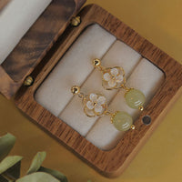 KarmaRipple's Tridacna Stone Flower Jade Bead Blessing Drop Earrings