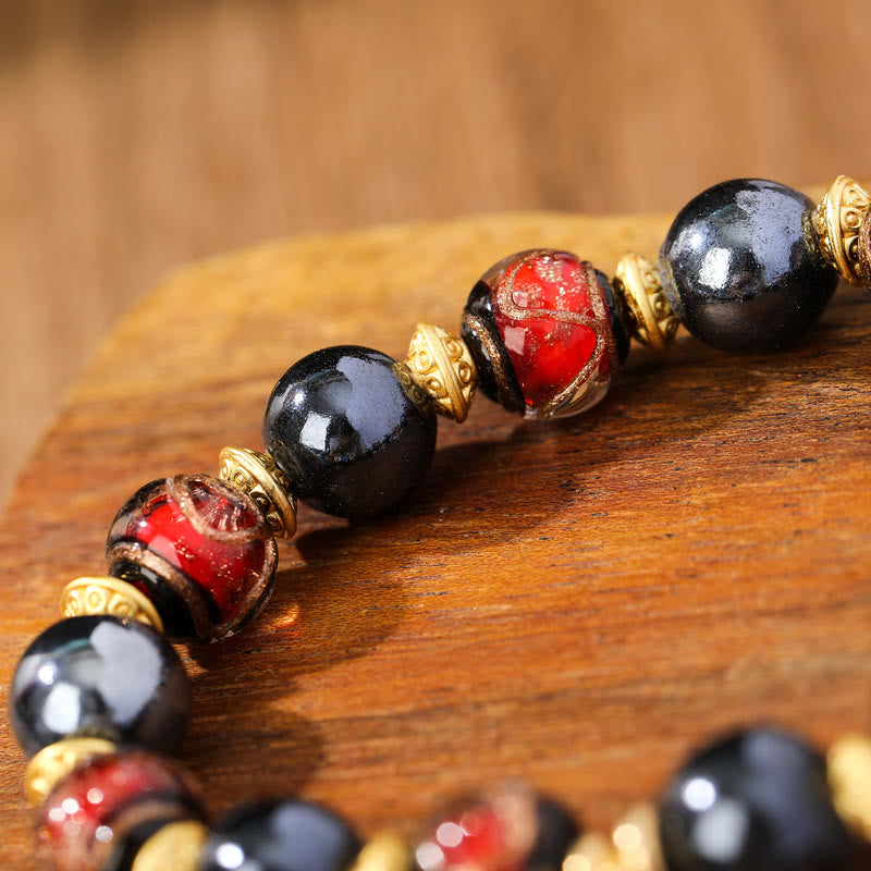 KarmaRipple's Tibetan Zakiram Goddess of Wealth Liuli Glass Incense Ash Porcelain Bead Fortune Bracelet p8