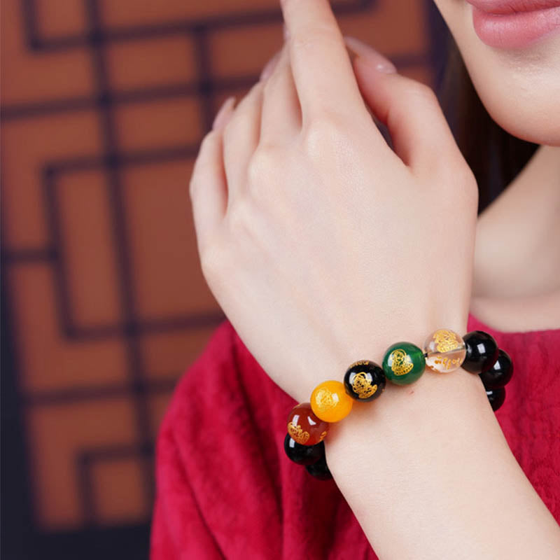 KarmaRipple's Gold Sheen Obsidian Rainbow Obsidian Black Obsidian Five Directions Gods of Wealth Bracelet p13