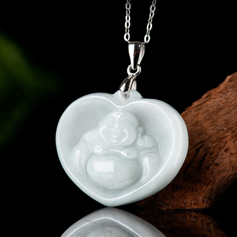 KarmaRipple's 925 Sterling Silver Laughing Buddha Ivory Jade Fortune Blessing Pendant Necklace p2