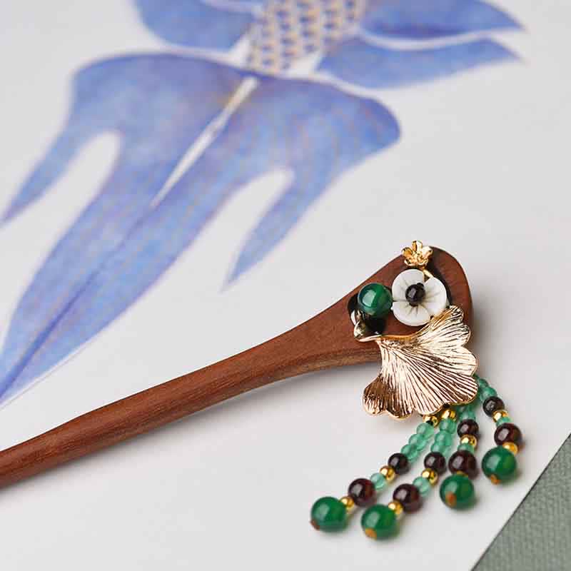 KarmaRipple's Red Sandalwood Green Agate Ginkgo Leaf Protection Hairpin p7