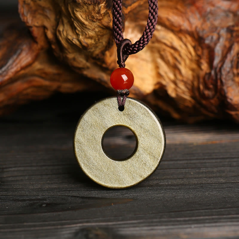 KarmaRipple's Gold Sheen Obsidian Peace Buckle Pixiu Bronze Coin Wealth Pendant Necklace p3