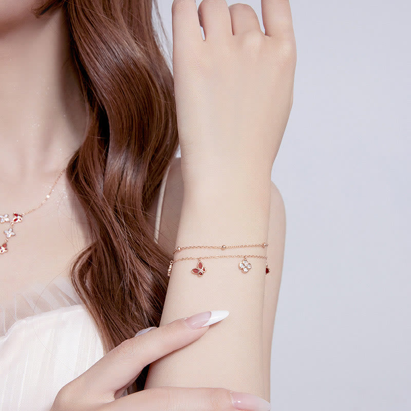 KarmaRipple's 925 Sterling Silver Red Agate Tridacna Stone Butterfly Four Leaf Clover Calm Bracelet Pendant Necklace Set p7