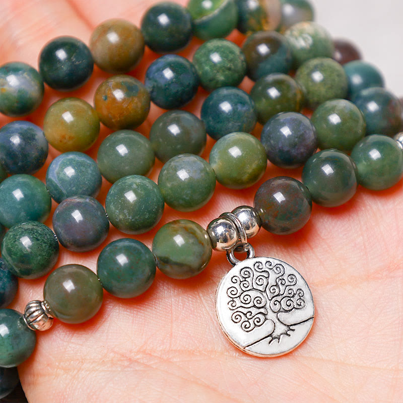 KarmaRipple's 108 Mala Beadwork Indian Agate Lotus OM Buddha Tree of life Positive Calm Bracelet p10