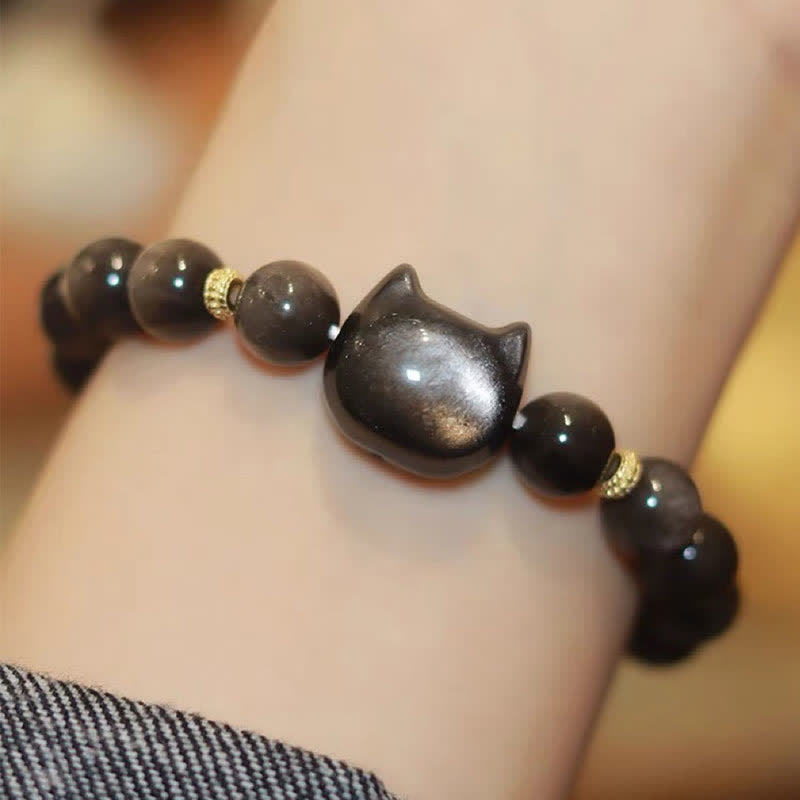 KarmaRipple's Gold Sheen Obsidian Silver Sheen Obsidian Lovely Paw Fortunate Cat Protection Bracelet p9