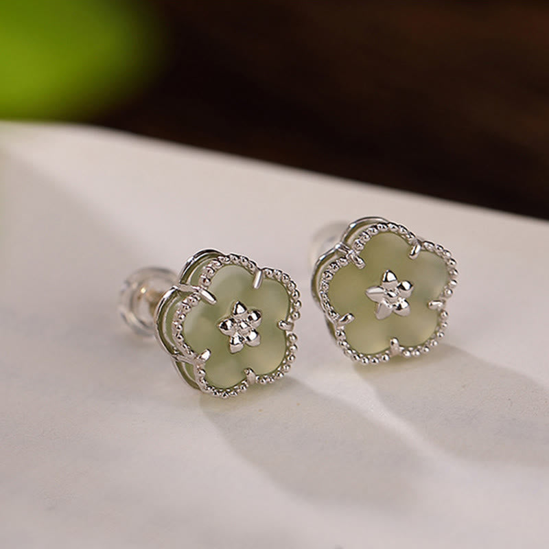 KarmaRipple's 925 Sterling Silver Hetian Jade Plum Flower Fortune Stud Earrings p4