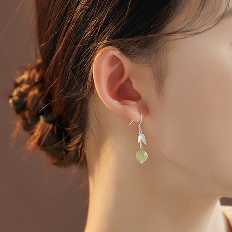 KarmaRipple's 999 Sterling Silver Hetian Jade Bead Bamboo Leaf Fortune Drop Dangle Earrings p3